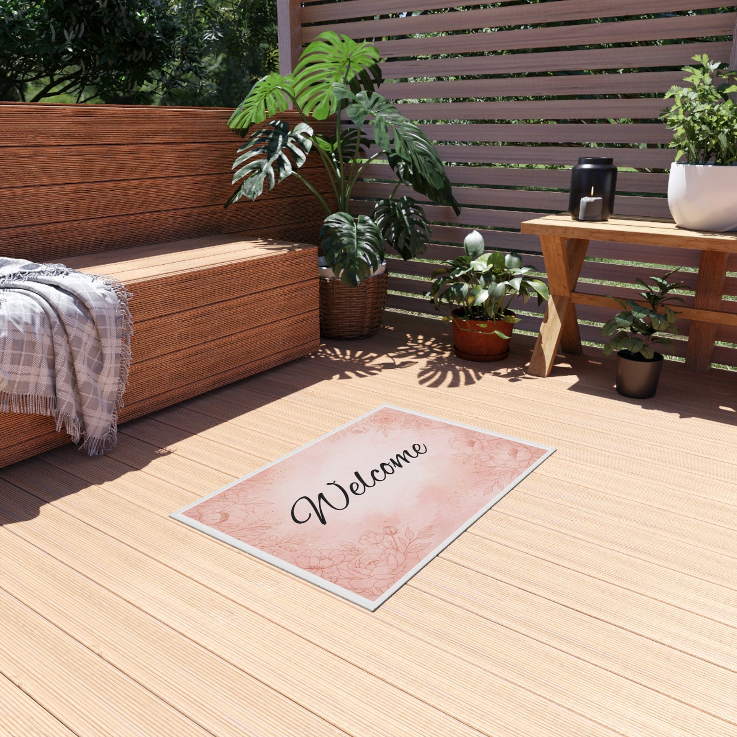 Welcome Floral Outdoor Rug — Pink Rose Welcome Doormat for Porch & Patio
