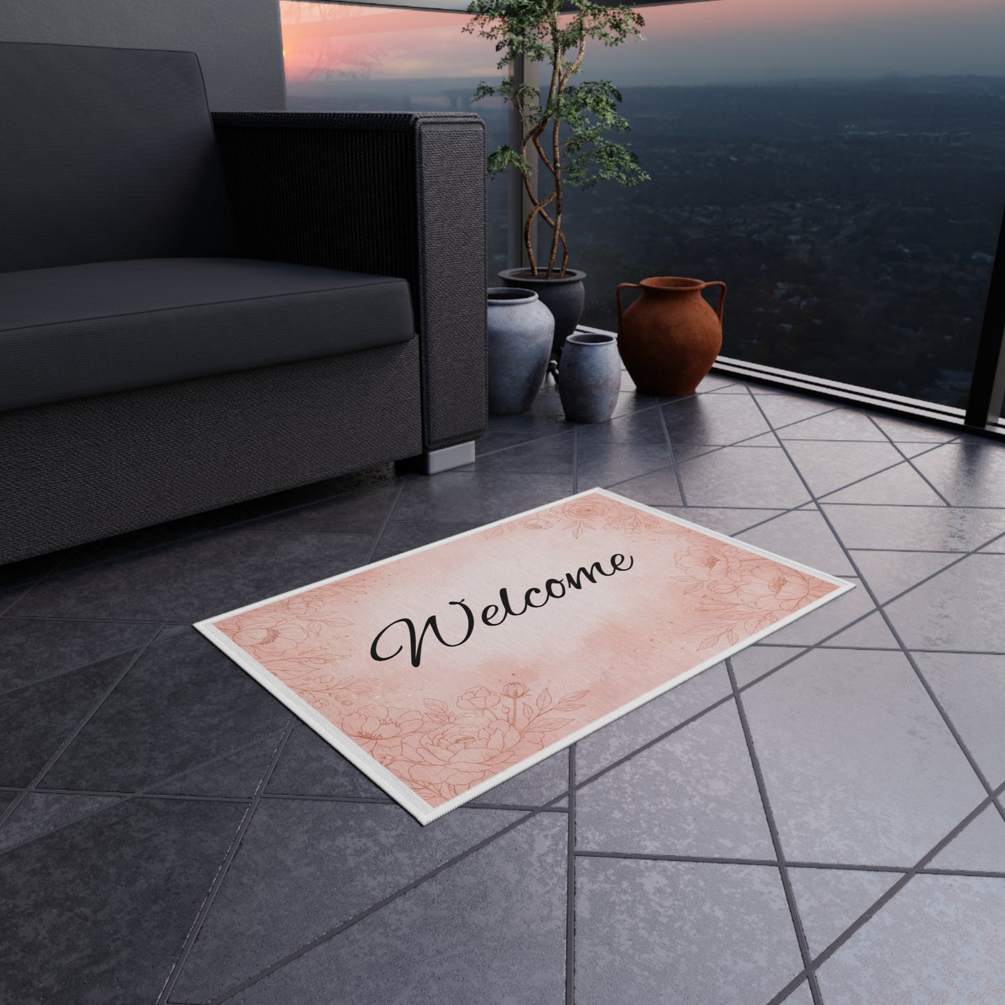 Welcome Floral Outdoor Rug — Pink Rose Welcome Doormat for Porch & Patio