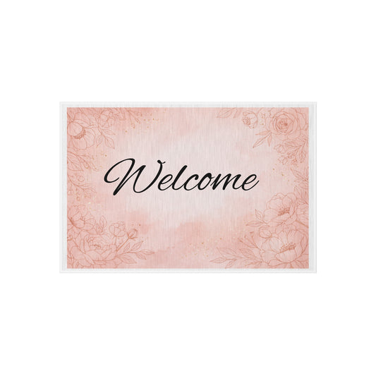 Welcome Floral Outdoor Rug — Pink Rose Welcome Doormat for Porch & Patio